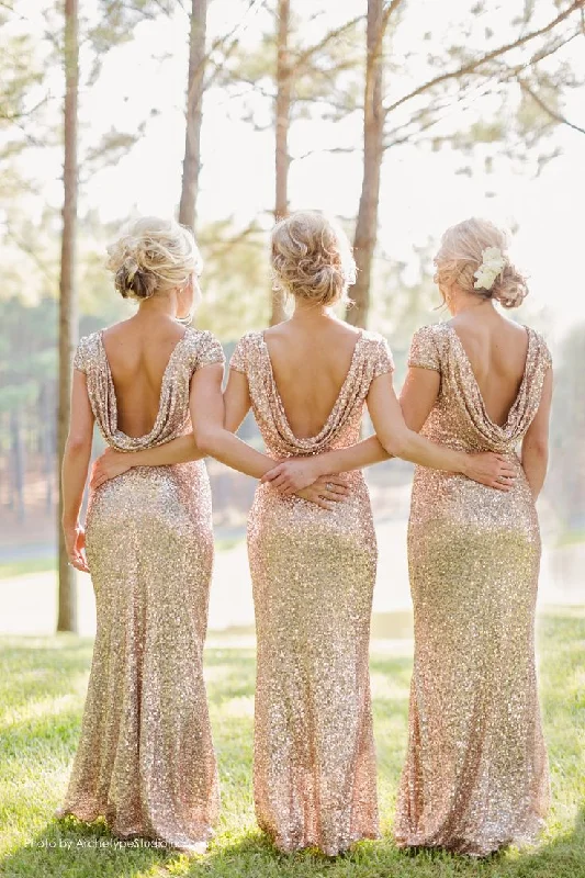 Big Discounts Rose Gold Sequins Long Bridesmaid Dress with Cowl Back
