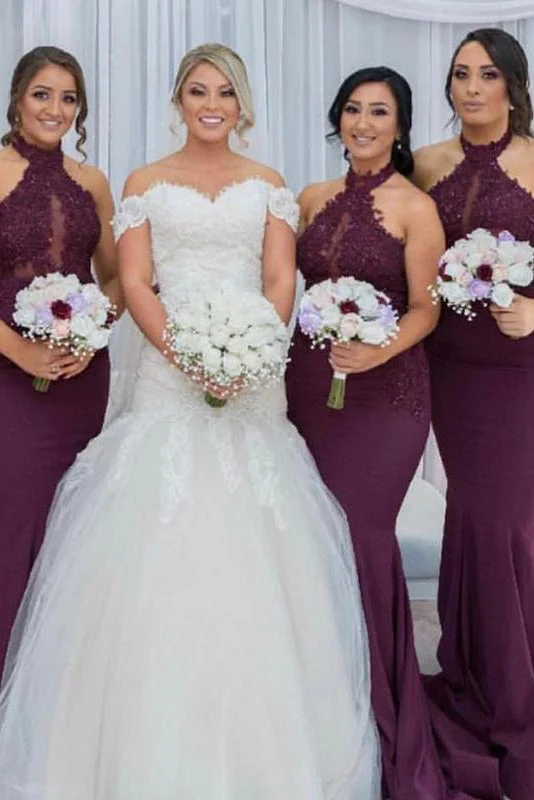 Limited Edition Mermaid High Neck Grape Long Bridesmaid Dress with Appliques