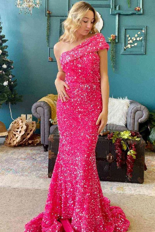 Can't Miss Mermaid One Shoulder Cap Sleeve Hot Pink Prom Dress