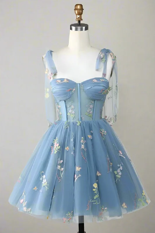 Lowest Price Tie Straps Blue Floral Embroidery Short Party Dress
