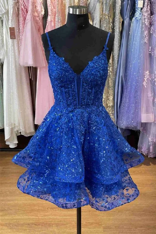 Unbeatable Prices Straps Royal Blue V-Neck A-Line Homecoming Dress with Appliques
