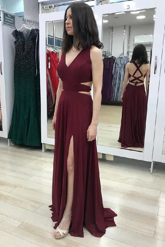 Can't Be Beat Elegant Sheath V Neck Burgundy Long Prom Dress with Slit
