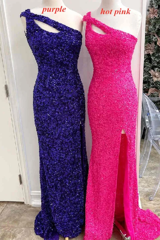 Special Promotion Elegant Hot Pink Sequins Long Prom Dress with One Shoulder