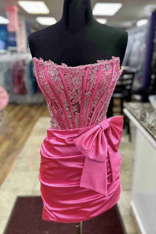 Can't Miss Strapless Hot Pink Appliques Ruched Homecoming Dress with Bow