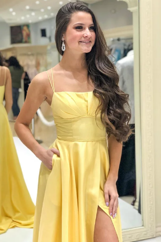 Closeout Sale Elegant Spaghetti Strap A-Line Yellow Prom Dress with Slit
