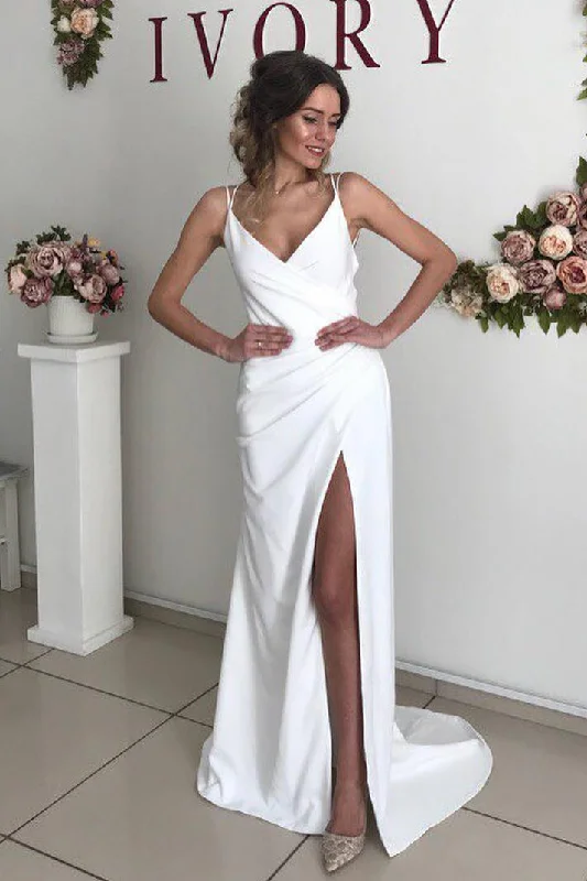 Bonus Savings Long Straps Sheath V-Neck White Wedding Dress with Slit