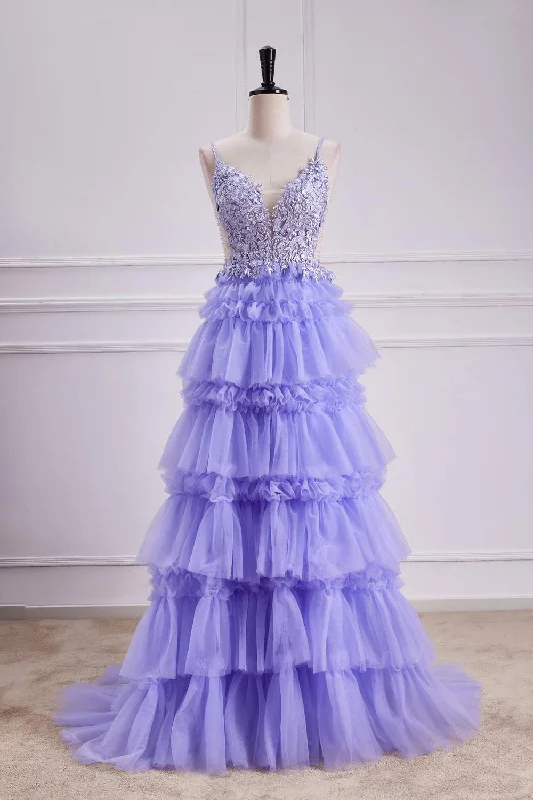 Blowout Deals Straps Lavender V-Neck Appliques Layered Prom Dress