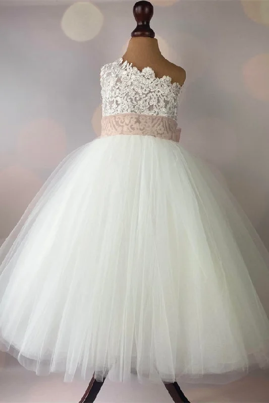 Price Reduction One Shoulder Ivory Tea Length Long Flower Gril Dress