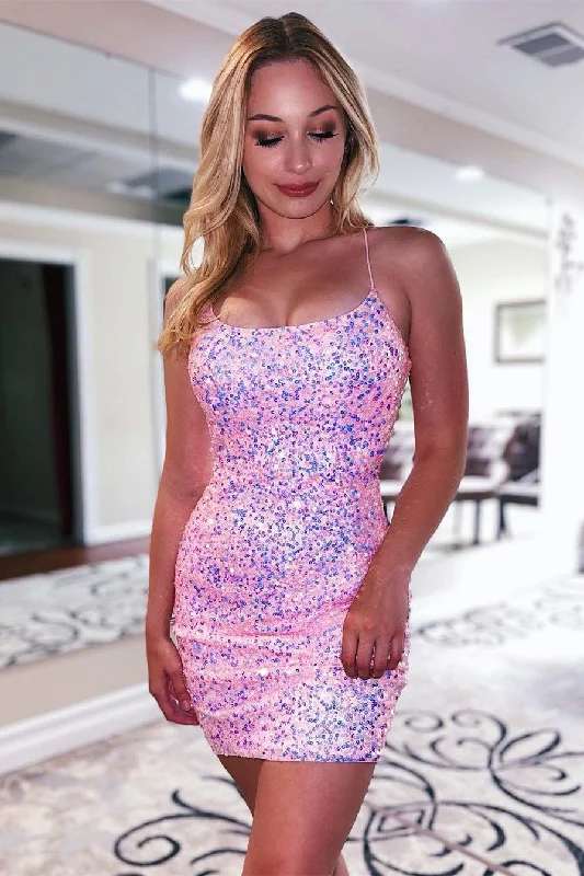 Midnight Madness Sparkle Pink Sequins Tight Homecoming Dress