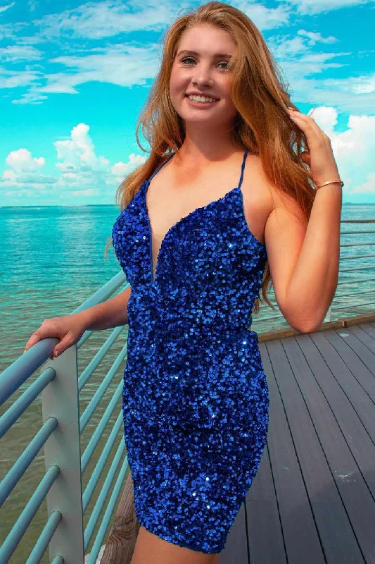 Deal of the Day Mermaid Fitted Royal Blue Sequined Homecoming Dress