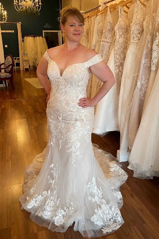 Factory Direct Sale Plus Size Off the Shoulder White Mermaid Wedding Gown