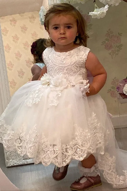 Incredible Offers 3D Flowers White Lace Flower Girl Dress with Pink Bow