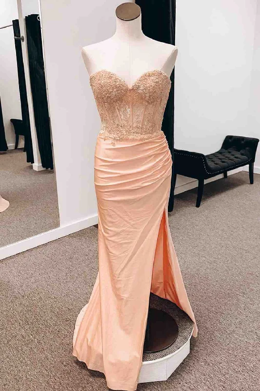 Huge Discounts Peach Strapless Mermiad Satin Applique Slit Long Prom Dress