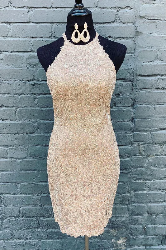Special Discount All Over Lace Knee Length Beige Homecoming Dress