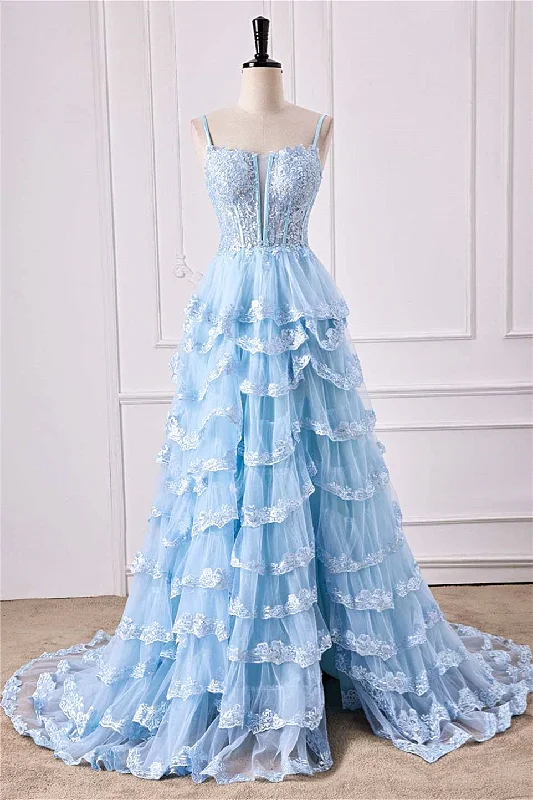 Closeout Straps Plunging Neck Light Blue Ruffle Prom Dress with Appliques