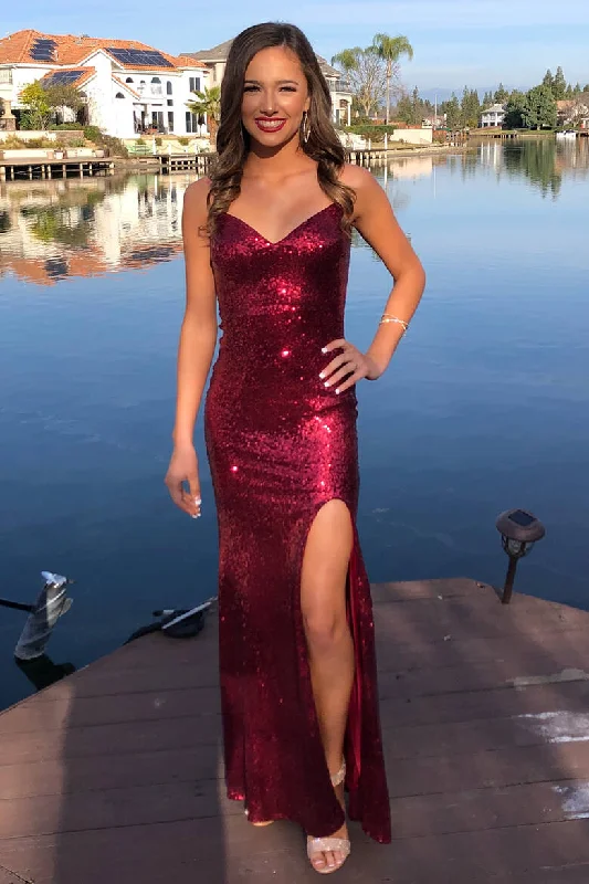 Limited Availability Glittery V-Neck Mermaid Long Burgundy Prom Dress