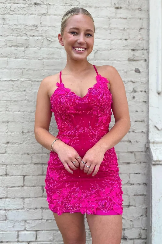 Weekend Deal Lace-Up Hot Pink Appliques Bodycon Homecoming Dress