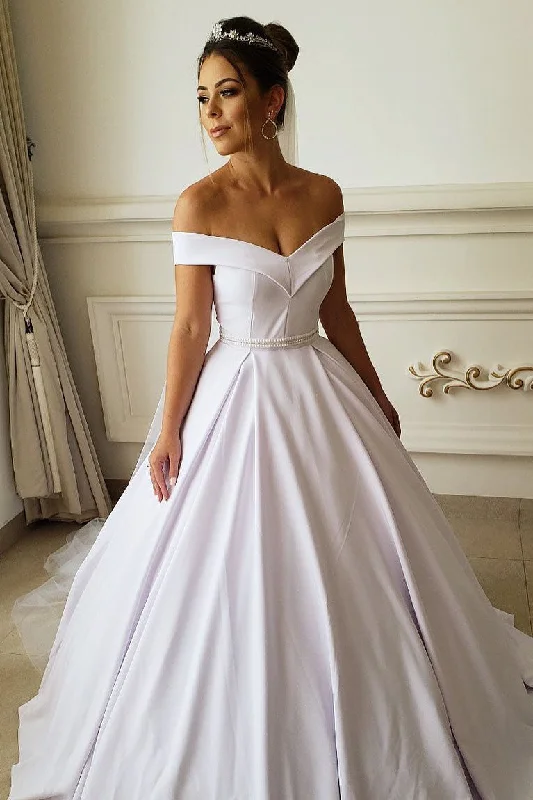Fantastic Offers Princess A-line Off the Shoulder White Wedding Dress with Beads