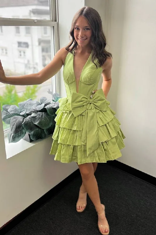 Price Reduction Halter Green Ruffle Homecoming Dress Plunging Neck with Bow
