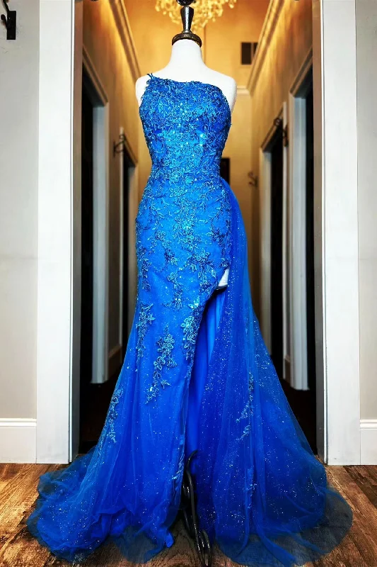 Members Only Royal Blue Mermaid One Shoulder Beaded Appliques Long Prom Dress