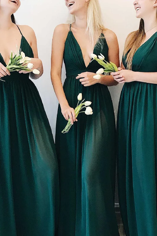 Warehouse Sale Plunging Neck A-Line Dark Green Bridesmaid Dress
