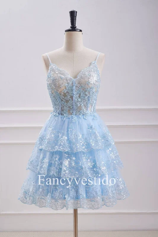 Bargain Prices Straps Light Blue Sequin Appliques Tiered Homecoming Dress