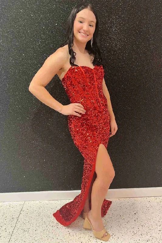 Crazy Savings High Slit Red Sequined Mermaid Long Party Dress