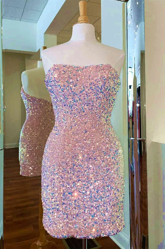 New Markdowns Strapless Pink Sequined Bodycon Homecoming Dress