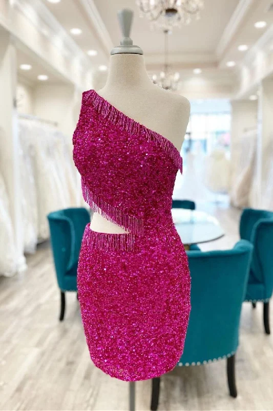 Massive Deals Fuchsia One Shoulder Lace-Up Sequins Homecoming Dress with Tassels