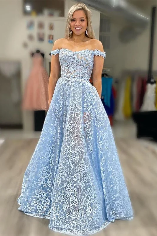Don't Miss Off the Shoulder Blue Lace Prom Dress with Pockets