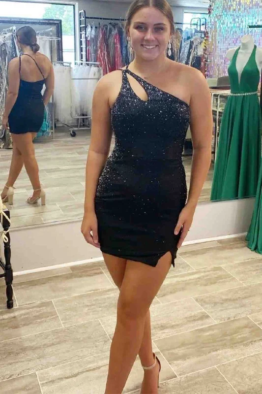 Amazing Deals Black One Shoulder Bodycon Homecoming Dress with Crystal