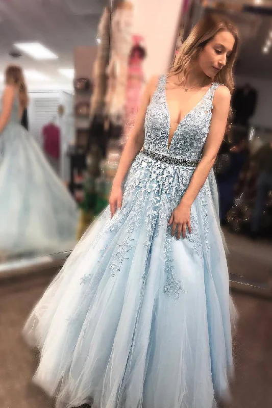 While Supplies Last Floor Length Light Sky Blue Prom Dress with Appliques and Beaded Belt