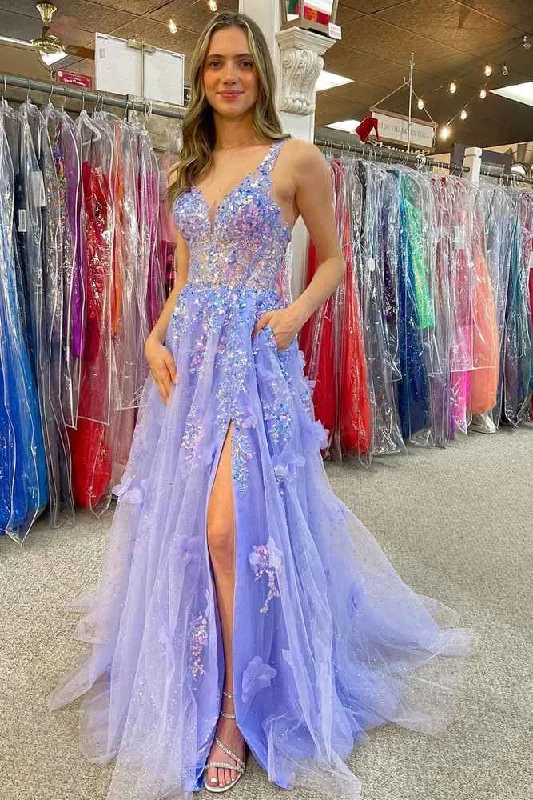 Referral Discount Lavender V-Neck Sequined Appliques Long Prom Dress