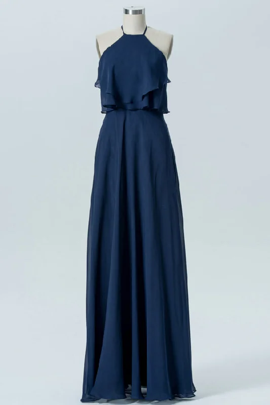 Final Markdown Bohemian Style Halter Navy Blue Chiffon Bridesmaid Dress