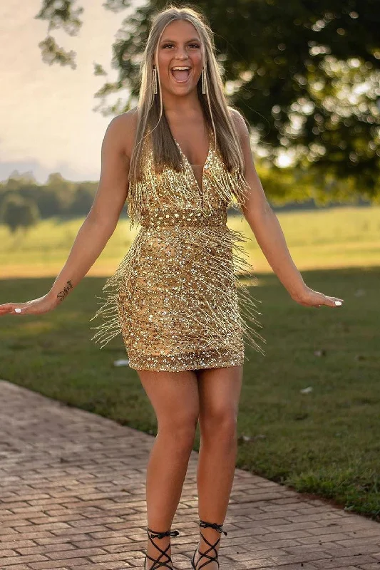 Price Fest Plunging Neck Gold Sequins Mini Homecoming Dress with Fringes