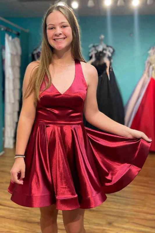 Quick Sale Backless V-Neck Burgundy Short Homecoming Dress