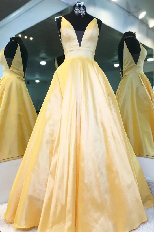 Limited Time Offer Elegant V Neck Yellow Satin Long Prom Dress with Empire Waist