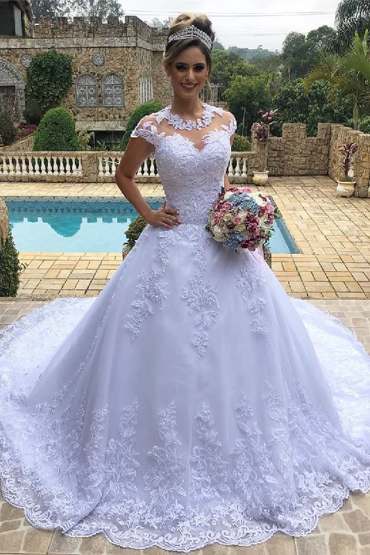 Exclusive Deal Princess Long Cap Sleeves A-line White Wedding Dress