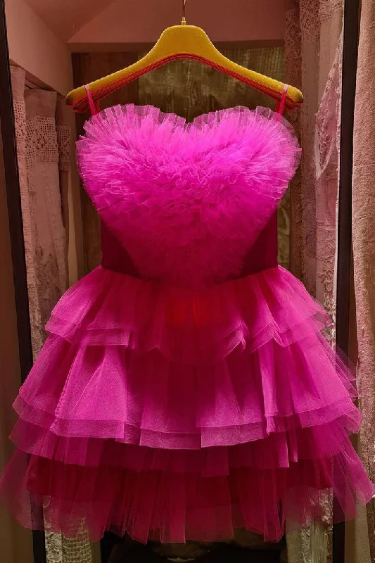 Online Only Sweetheart Hot Pink Ruffle Layered Short Homecoming Dress
