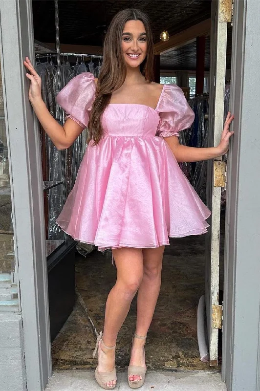 Take Advantage Pink Square Neck Balloon Sleeves A-Line Homecoming Dress