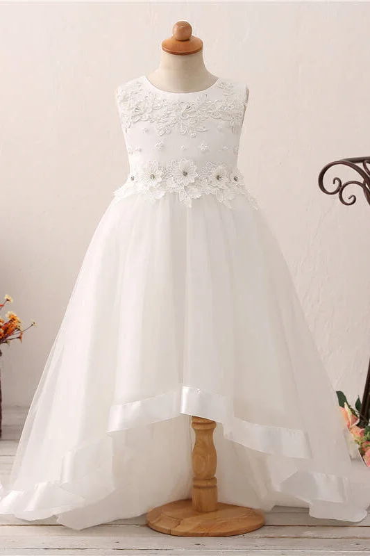 Closeout Chic High Low Floral Appliques White Flower Girl Dress