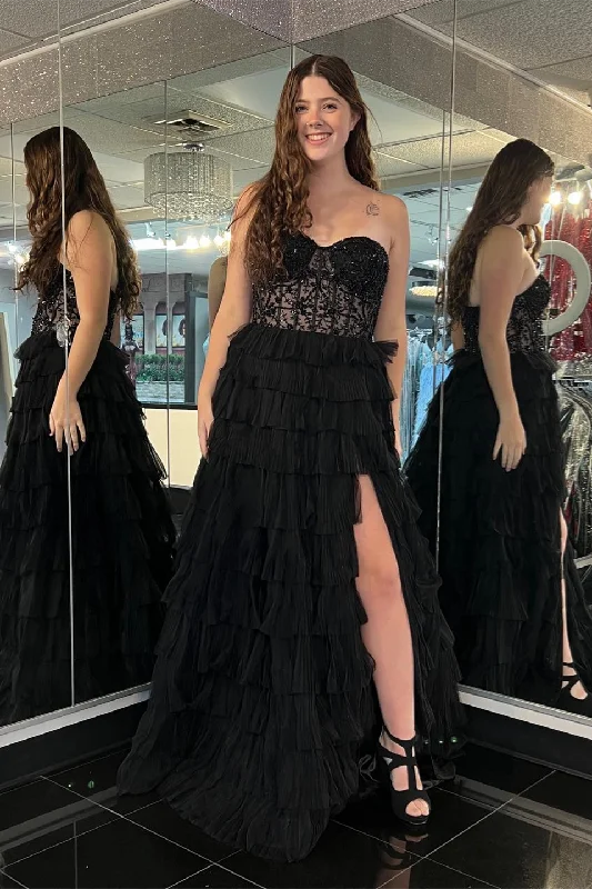 Limited Availability Black Tulle Strapless Beaded Multi-Layers Long Prom Dress with Slit