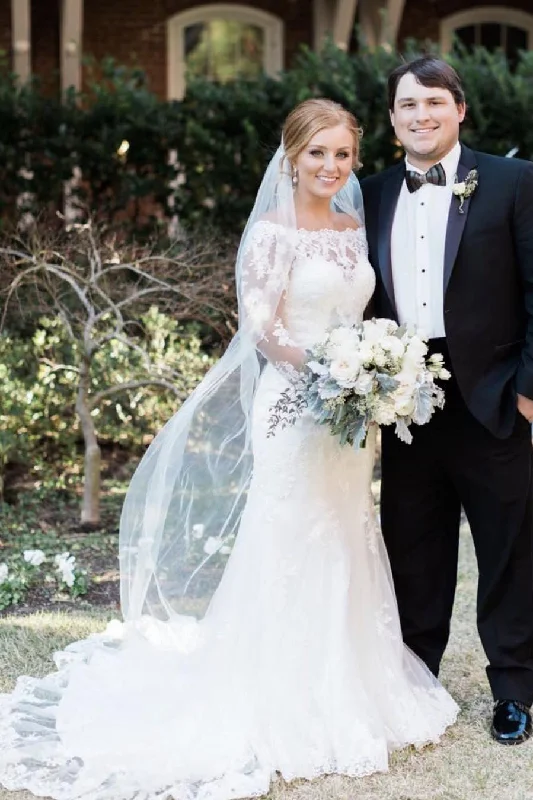 Mega Sale Princess Long Sleeves Mermaid White Wedding Dress with Lace