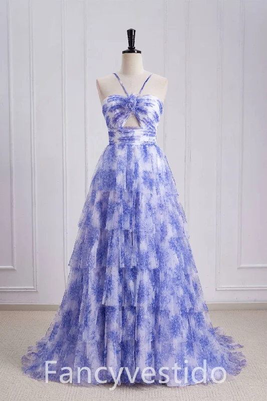 Big Discounts Straps Purple Keyhole Floral Print A-Line Ruffle Prom Dress