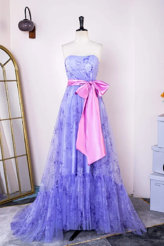 Closeout Strapless Lavender Floral Print Long Prom Dress with Bow Sash