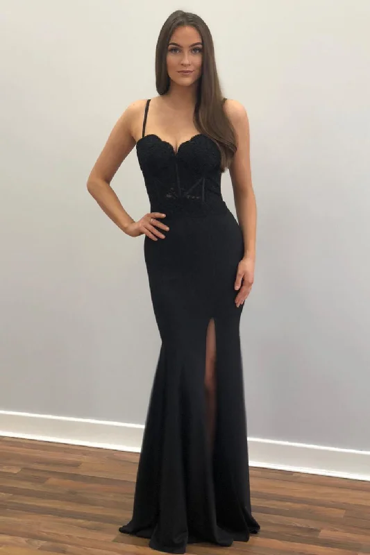 Today’s Deal Sexy Straps Mermaid Black Long Prom Dress with Lace Top