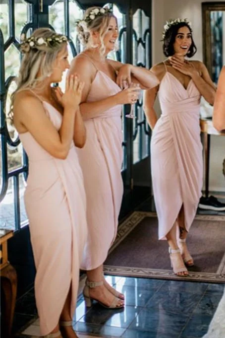 Closeout Spaghetti Straps Pink Wrap Bridesmaid Dress