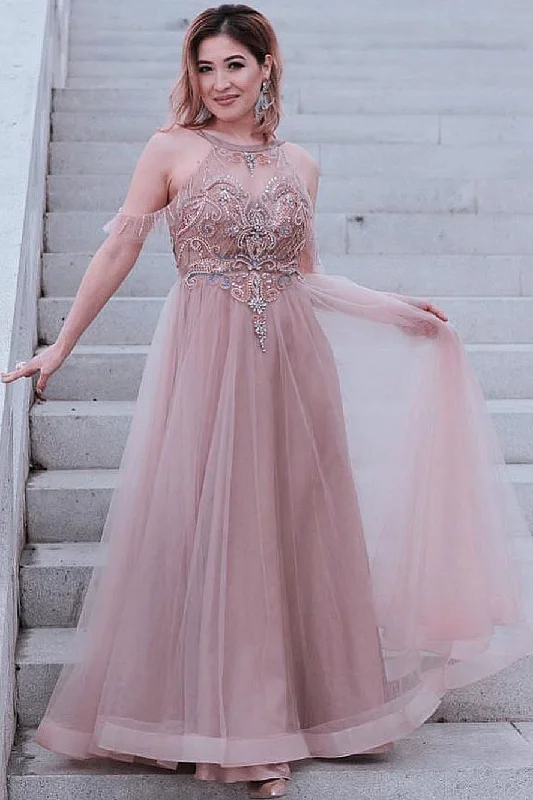 Exclusive Preview Gorgeous Cold Sleeves Beaded Pink Prom Dress