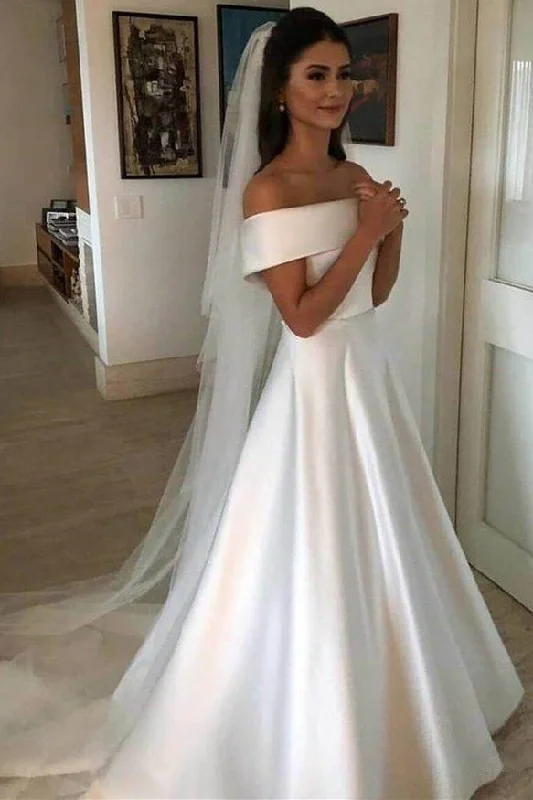 Deal Dash A-line Off-the-Shoulder White Satin Wedding Dress