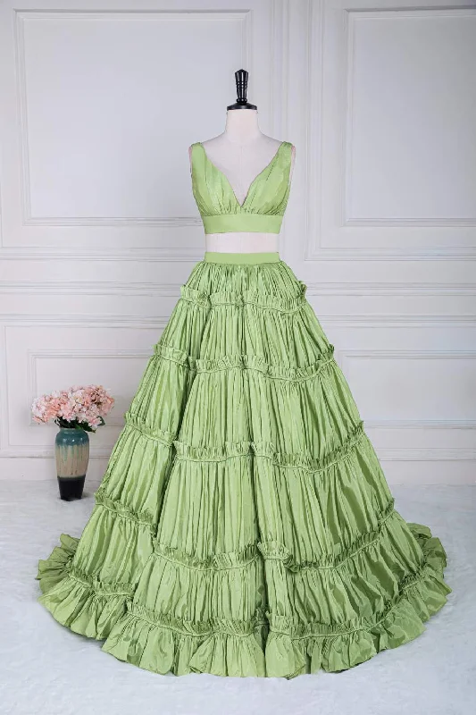 Price Rollback Two-Piece V-Neck Green Taffeta Ruffle Ball Gown